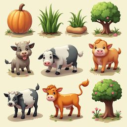 Nine cartoon animals - cow, pig, horse, donkey, pig, goat, horse, pig, and tree - are arranged against a light green backdrop.