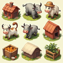 Nine cartoon animals - cow, pig, sheep, horse, ox, sheep, pig, chicken, and cow - inhabit a farm scene with houses, fruit, and a tree.