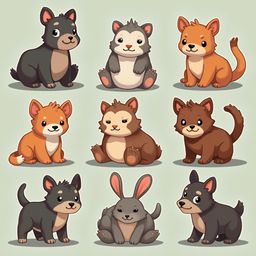 Nine cartoon animals - dogs, cats, hamsters, rabbits, and a fox - are arranged in a 3x3 grid against a light green backdrop.