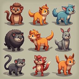 Nine cartoon animals - fox, cat, dog, squirrel, hedgehog, rabbit, bird, and fox - are arranged in a 3x3 grid against a light beige backdrop.