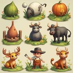 Nine cartoon animals - goat, sheep, pumpkin, jug, cow, antelope, farmer, and calf - graze in a pastoral setting.