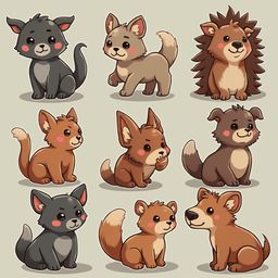 Nine cartoon animals, including a black cat, brown dog, hedgehog, fox, squirrel, chipmunk, cat, fox, and dog, are arranged in a 3x3 grid.
