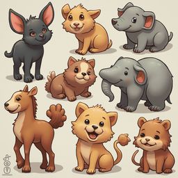 Nine cartoon animals, including a black dog, brown dog, elephant, cat, horse, lion, tiger, and ram, are illustrated in a friendly and playful manner.