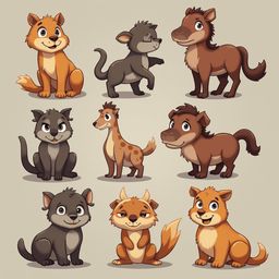 Nine cartoon animals, including a cat, dog, zebra, giraffe, horse, squirrel, fox, and camel, are arranged in three rows against a light beige backdrop.