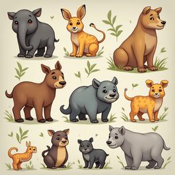 Nine cartoon animals, including a gray elephant, orange fox, brown dog, blue rhinoceros, gray wolf, orange cat, brown dog, gray rhinoceros, and orange cat, are illustrated against a light green backdrop.