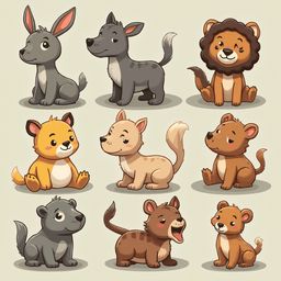 Nine cartoon animals, including a gray rabbit, gray dog, brown lion, yellow cat, tan dog, brown fox, gray dog, and brown cub, are arranged in a 3x3 grid.