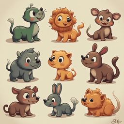 Nine cartoon animals, including a green dinosaur, lion, mouse, dog, lion, rabbit, fox, and kangaroo, are arranged in a 3x3 grid.
