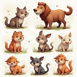 Nine cartoon animals, including a lion, fox, cat, dog, squirrel, bird, rabbit, and lion, interact in a grassy setting.