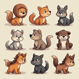 Nine cartoon animals, including a lion, fox, dog, cat, squirrel, wolf, fox, and dog, display various poses and expressions.