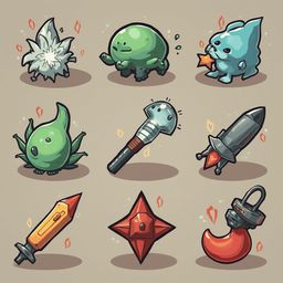 Nine cartoon characters, each unique in appearance and weaponry, stand in a three-by-three grid against a beige backdrop.
