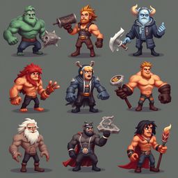 Nine cartoon characters, each unique in appearance and attire, stand against a gray backdrop, displaying diverse poses and accessories.