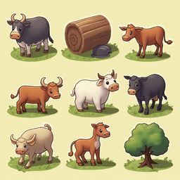 Nine cartoon cows graze in a lush green field, accompanied by a tree, log, and helmet.