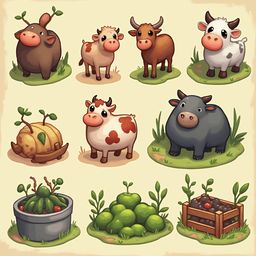 Nine cartoon cows graze on lush green grass, interspersed with a tree, a pear, a pear tree, a pear crate, and a pear tree in a farm setting.
