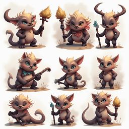 Nine cartoon creatures, each holding a torch, stand on sandy ground in various poses and outfits.