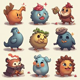 Nine cartoon creatures, each unique in appearance and pose, populate a vibrant grid.