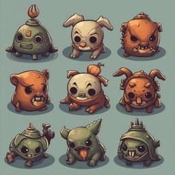 Nine cartoon creatures, each unique in appearance and pose, populate a grid against a light blue backdrop.