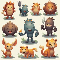 Nine cartoon creatures, each unique in appearance and pose, populate a grid against a light beige background.