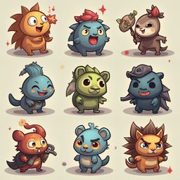 Nine cartoon creatures, each unique in appearance and pose, stand against a light beige backdrop, displaying diverse expressions and accessories.