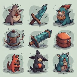 Nine cartoon creatures, each unique in appearance and pose, populate a grid against a light green backdrop.