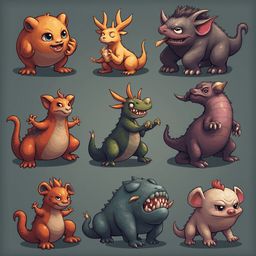 Nine cartoon creatures, each unique in color and form, stand against a muted gray backdrop, displaying various poses and expressions.