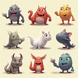 Nine cartoon creatures, each unique in color and form, stand against a light yellow backdrop, displaying various expressions and poses.