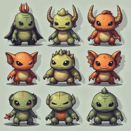 Nine cartoon creatures, each unique in color and form, stand against a light green backdrop, displaying diverse expressions and features.