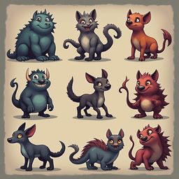 Nine cartoon creatures, each unique in color and form, are arranged in a 3x3 grid against a muted beige backdrop.