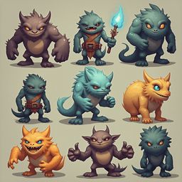 Nine cartoon creatures, each unique in color and pose, stand against a light beige backdrop.