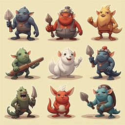 Nine cartoon creatures, each unique in color and pose, stand against a light yellow backdrop, holding various objects.
