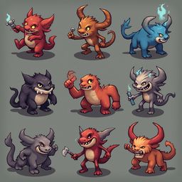 Nine cartoon creatures, each with unique features and weapons, stand in a three-by-three grid against a solid gray backdrop.