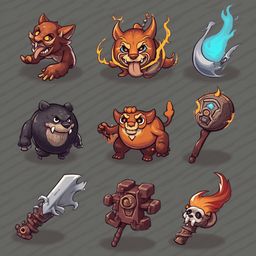 Nine cartoon creatures, each with unique features and weapons, stand in a three-by-three grid against a gray background.
