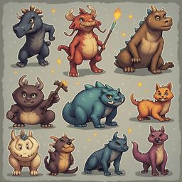 Nine cartoon creatures in various colors and poses, holding objects and standing on a gray background with yellow stars.
