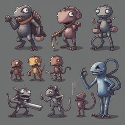 Nine cartoon creatures in various shades of purple, orange, and blue interact and pose against a gray background.