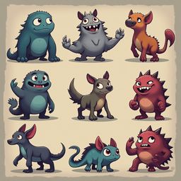 Nine cartoon creatures in various shades of blue, gray, red, and orange are arranged in a 3x3 grid.