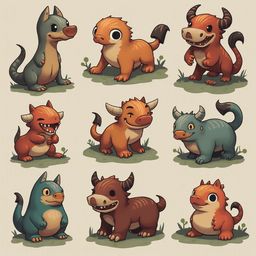 Nine cartoon creatures, including a wolf, ox, dragon, bull, bear, lizard, bird, and frog, populate a grid against a light beige background.