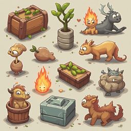 Nine cartoon creatures, including a wooden crate with plants, a potted plant with flames, a deer-like creature, a bird, a fire-breathing dragon, a rabbit, a fox, and a sheep, interact in a playful scene.