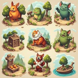 Nine cartoon creatures populate a grid of nine scenes, featuring various animals, structures, and settings.
