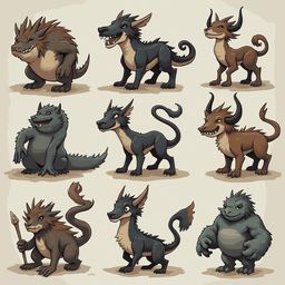 Nine cartoon creatures, varying in color and form, stand on dirt patches against a light beige backdrop.