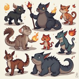 Nine cartoon creatures, varying in color and form, interact with flames against a light beige backdrop.