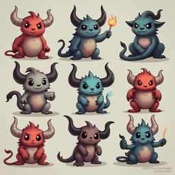 Nine cartoon creatures with horns and varying colors are arranged in a 3x3 grid, displaying diverse poses and expressions.