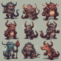 Nine cartoon creatures with horns, varying in colors and poses, stand against a light green backdrop.
