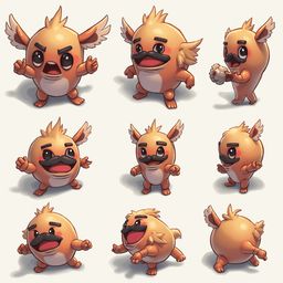 Nine cartoon creatures with orange bodies, pointed ears, and mustaches are depicted in various poses, displaying diverse expressions and actions.
