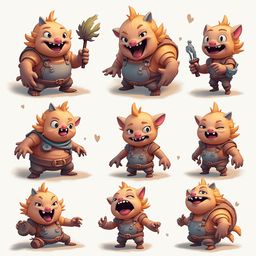 Nine cartoon creatures with orange fur, smiling faces, and diverse postures are arranged in a 3x3 grid against a light beige backdrop.