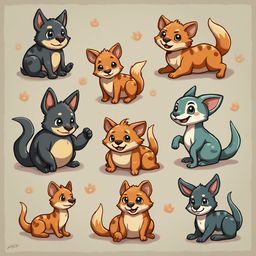 Nine cartoon dogs in various colors and poses, arranged in a 3x3 grid on a beige background.