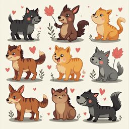 Nine cartoon dogs in various colors and poses, with pink and red hearts, are arranged in a three-by-three grid on a light beige background.