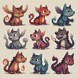 Nine cartoon dragons in various colors and poses, displaying diverse expressions and actions.
