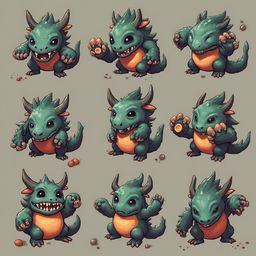 Nine cartoon dragons in various poses, displaying green bodies, orange chests, and horns, interact with small objects against a light gray backdrop.