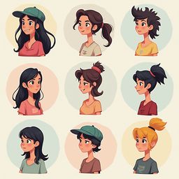 Nine cartoon girls with diverse hairstyles and clothing colors are arranged in a 3x3 grid against a light yellow backdrop.