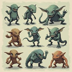 Nine cartoon goblins in various shades of green, orange, and brown stand and sit in a three-by-three grid.