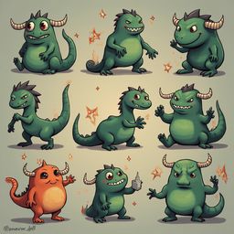 Nine cartoon green monsters with horns and spikes, varying in pose and expression, populate a grid against a light beige background.